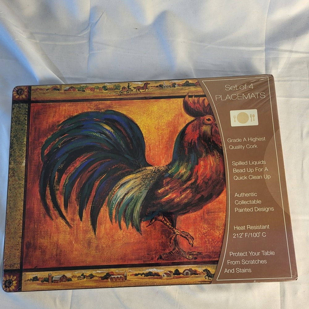 New 4 pc Cork backed placemat set, Painting of Tuscan Rooster 15.75" X 11.75"